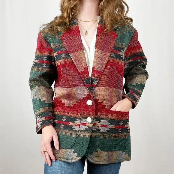 Stunning Vintage Oversized Western Bohemian Blazer Jacket Coat Boho Aztec Tribal - Picture 2 of 9